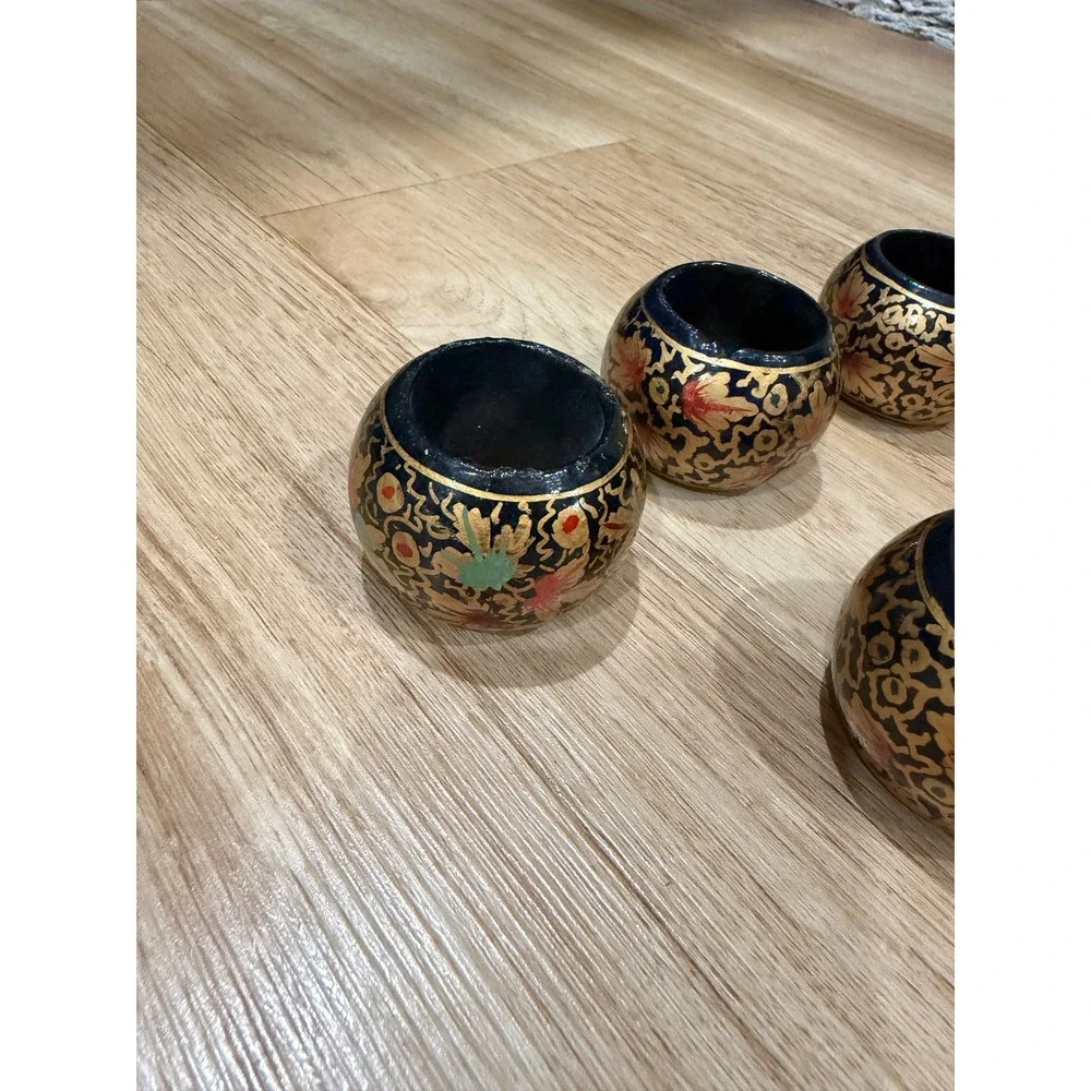 Vintage Hand Painted Lacquer Napkin Rings Set of 7 Black Gold Floral Kashmiri